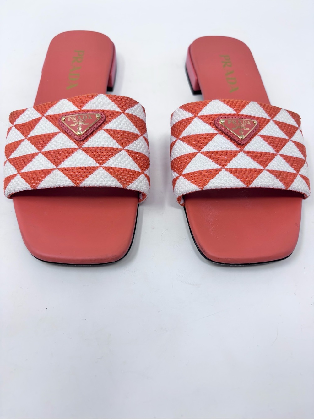 Prada Triangle Logo Slide Mule Orange Leather and Jacquard Canvas size 37 Flat - Picture 4 of 7